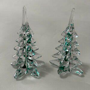 Lot of 2 Vintage Clear Green Ribbon Swirl Crystal Art Glass Christmas Tree 4.5"